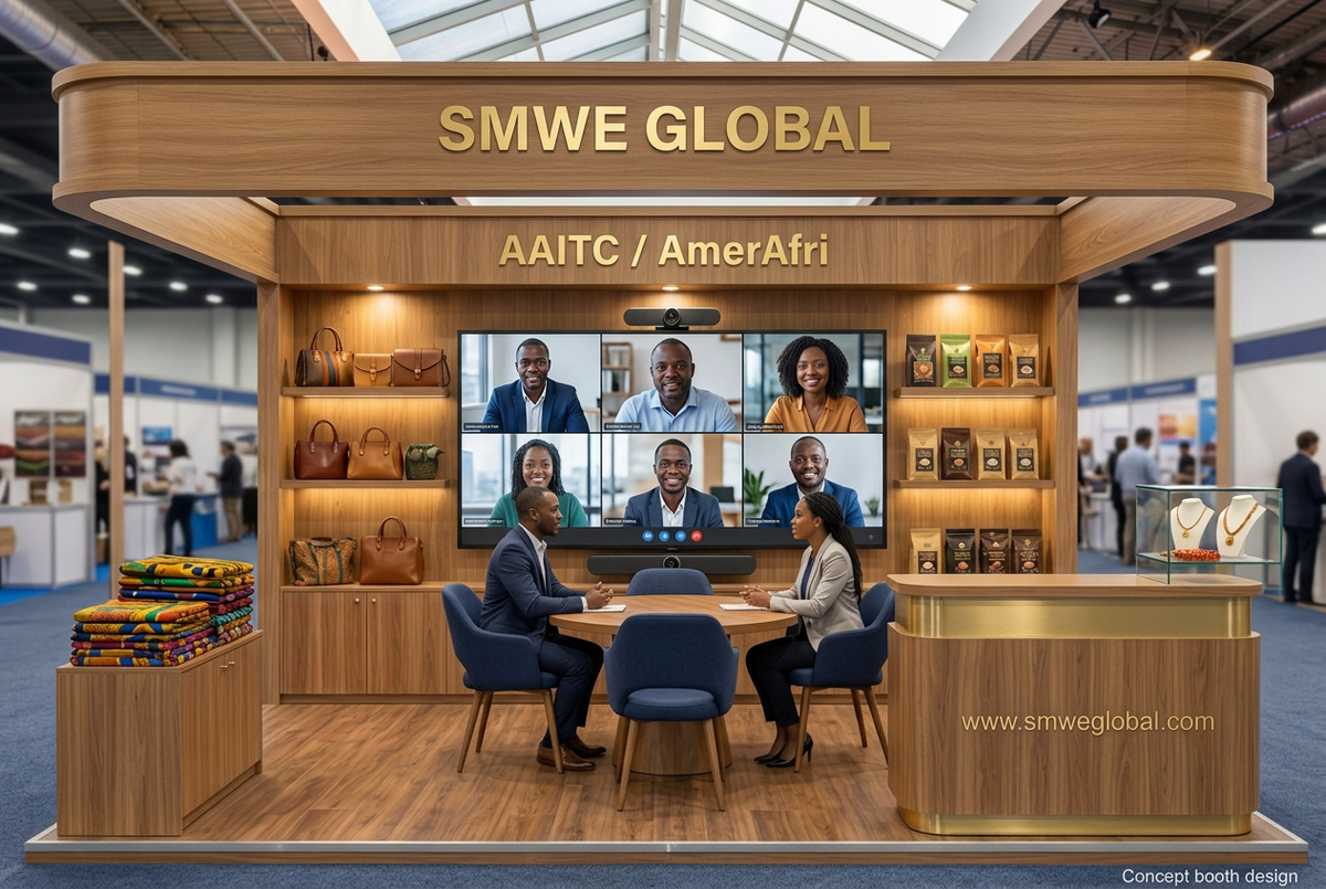 Warm wood SMWE Global and AAITC/AmerAfri concept booth with product displays and a large screen connecting virtual clients with booth visitors.
